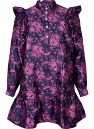 Klänning med volangdetalj och pärlknappar, Dark Blue Pink