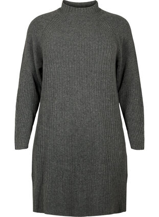 Ribbad stickad klänning med hög krage	, Dark Grey Melange, Packshot image number 0