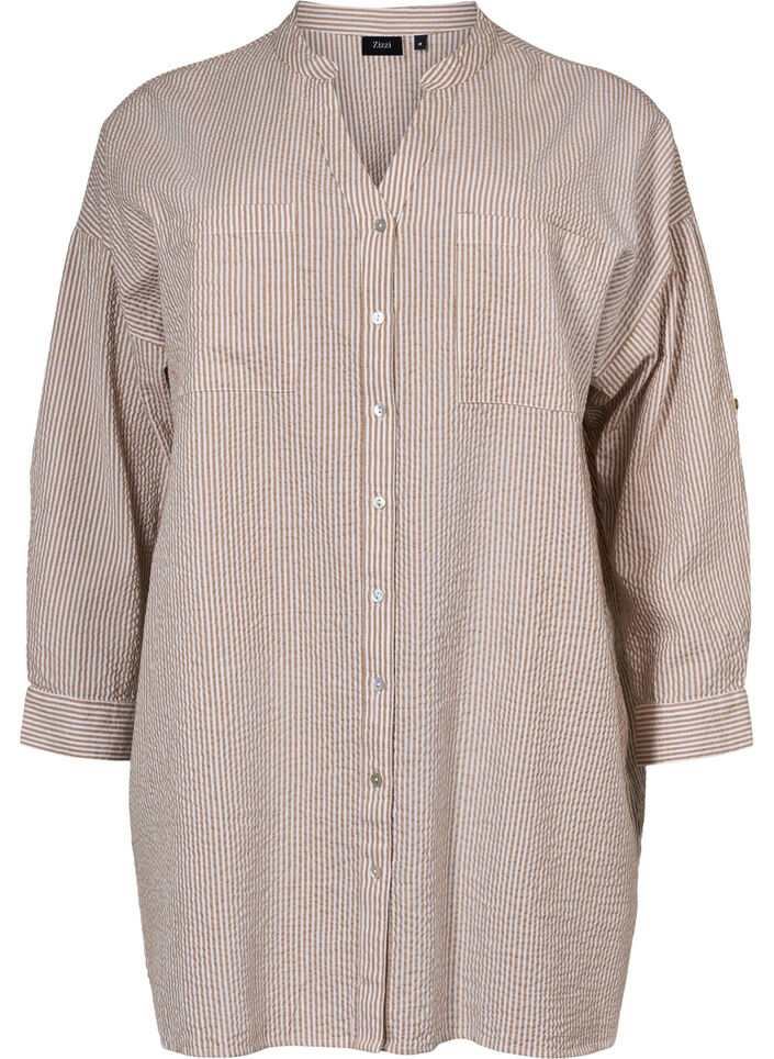 Randig bomullsskjorta med 3/4-ärmar, Natural Stripe, Packshot image number 0