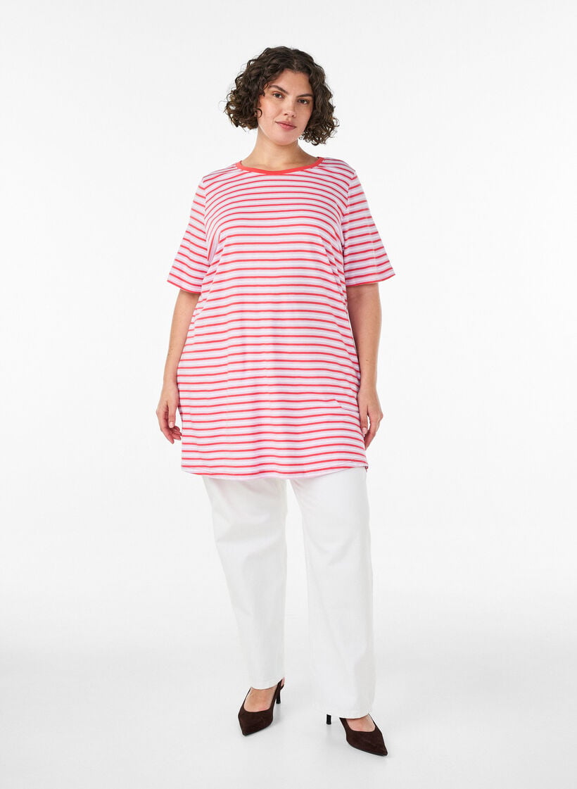 L&aring;ng oversized randig t-shirt i ekologisk bomull, Lila, Model image number 1