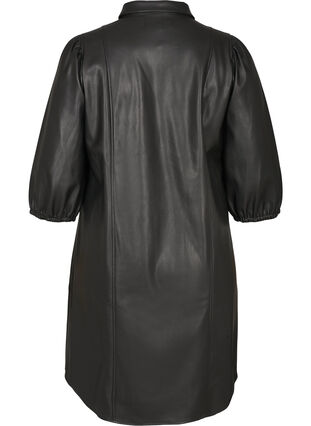 Klänning i fuskläder med 3/4 puffärmar, Black, Packshot image number 1