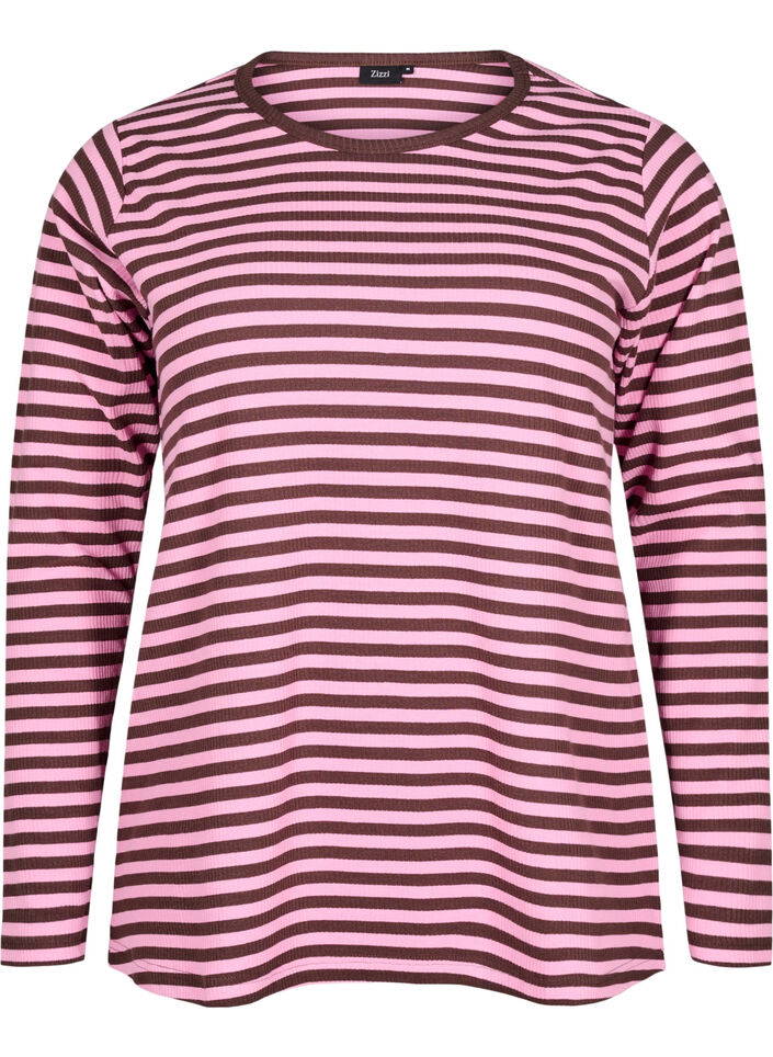 Randig blus med l&aring;nga &auml;rmar, Rosa, Packshot image number 0
