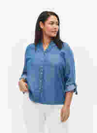 Skjorta med 3/4-ärmar och rund hals, Medium Blue Denim, Model