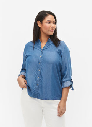 Skjorta med 3/4-ärmar och rund hals, Medium Blue Denim, Model image number 0