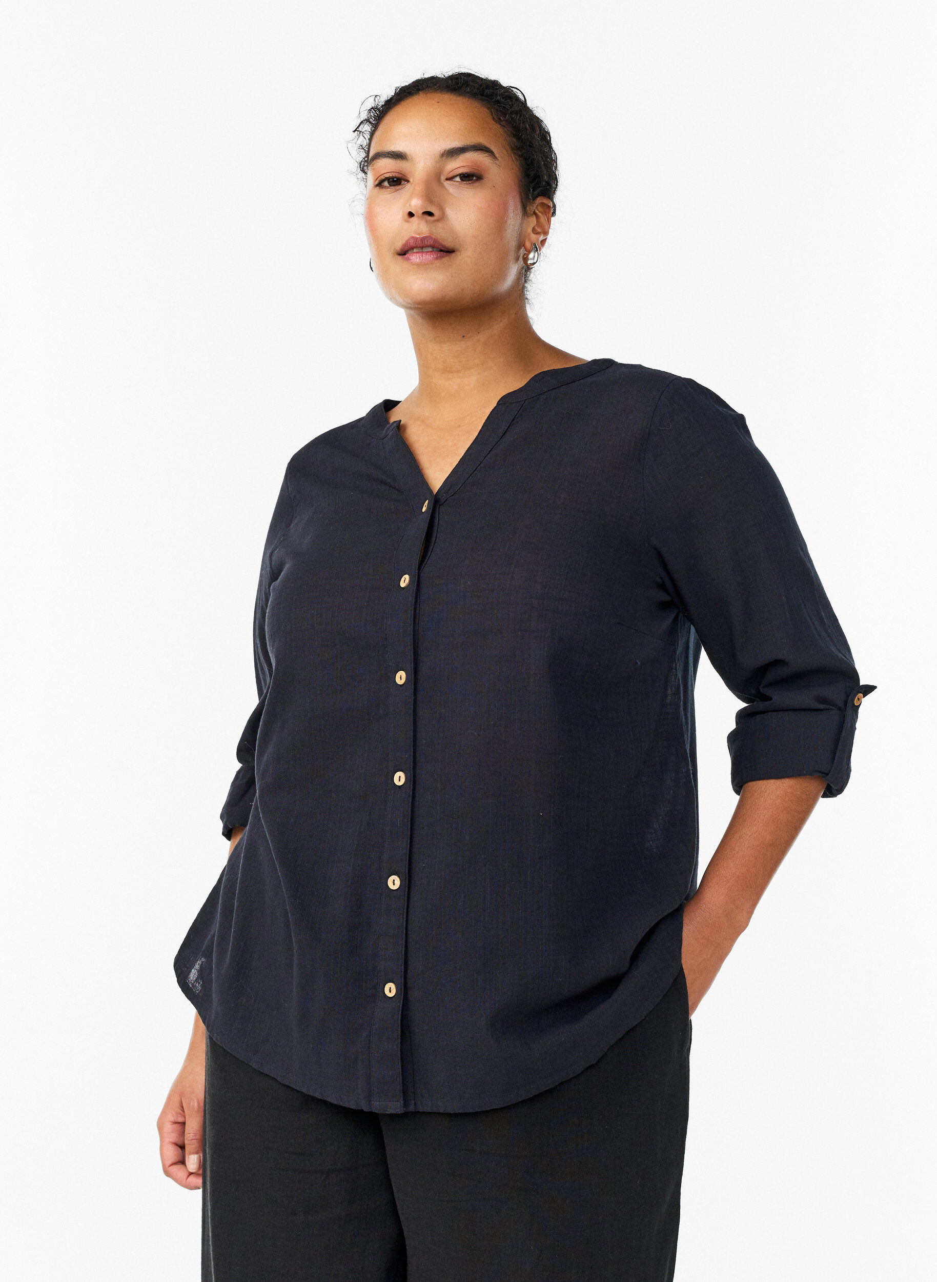 ZizziSkjortblus i bomull med v-ringning, Svart, Model image number 0