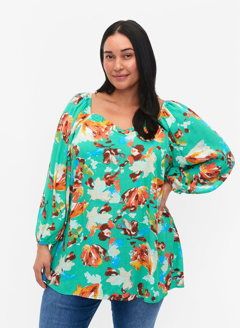 Tryckt blus i viskos med 3/4-ärmar, Grön, Model image number 0