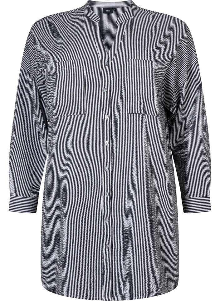 Randig bomullsskjorta med 3/4-ärmar, Black Stripe, Packshot image number 0
