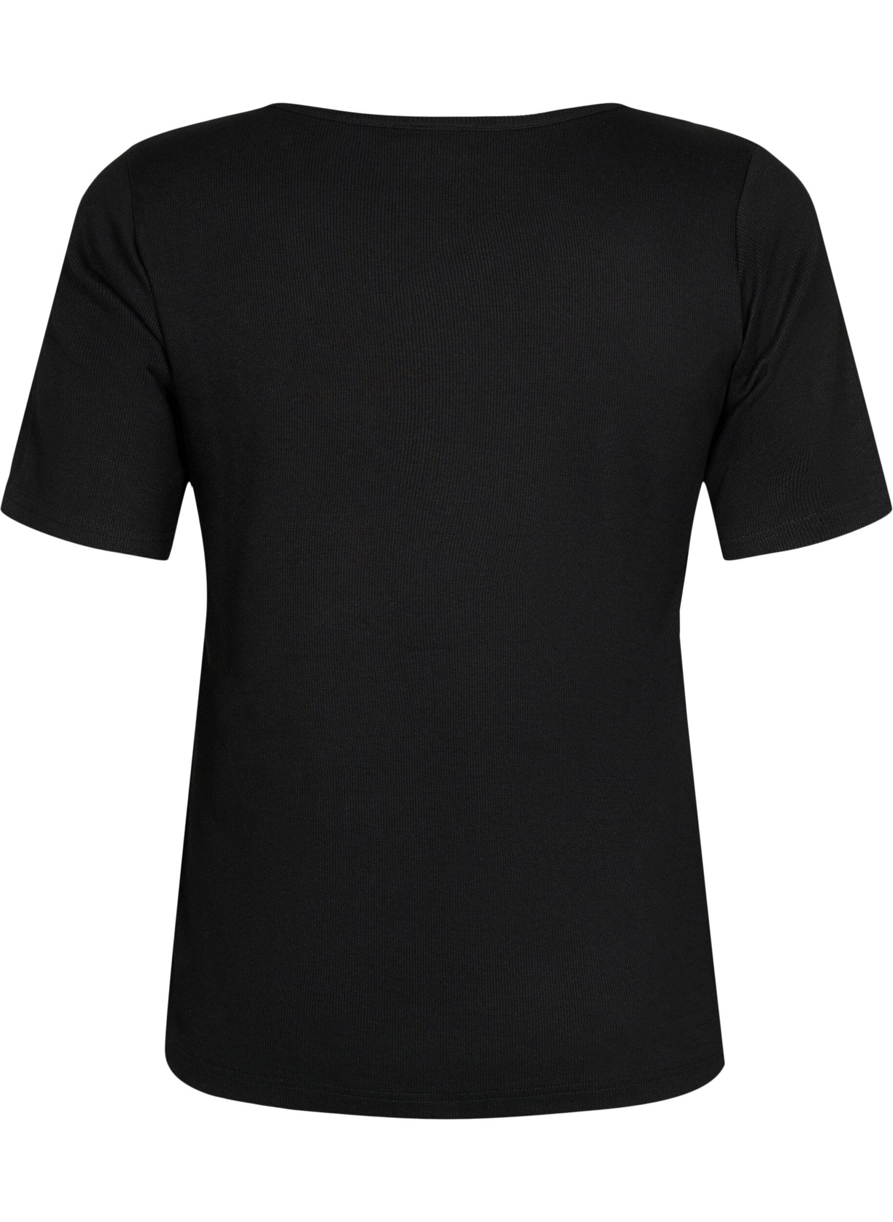 Zizzi Kort&auml;rmad ribbad tr&ouml;ja i bomull, Black, Packshot image number 1