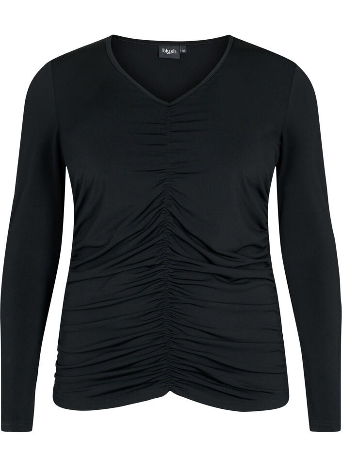 Blus med v-ringning och drapering, Black, Packshot image number 0