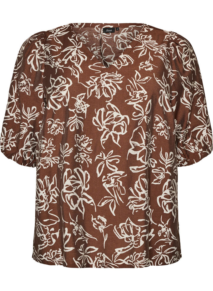 Blus i viskos med v-ringning, Brun, Packshot image number 0