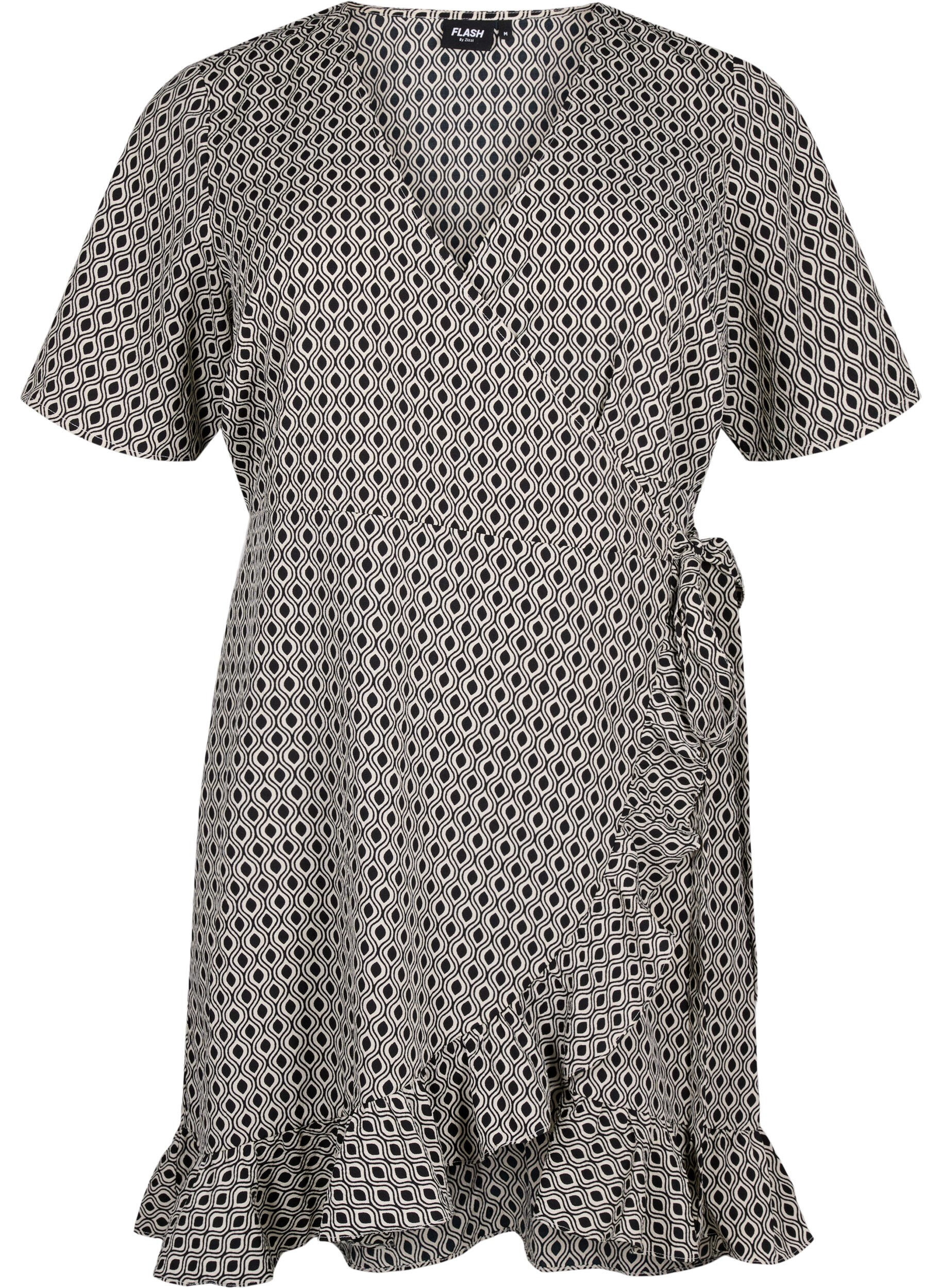 Zizzi FLASH &ndash; Kort&auml;rmad omlottkl&auml;nning, Black White Graphic, Packshot image number 0