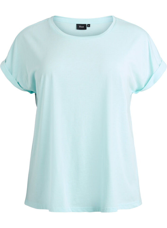 Kort&auml;rmad t-shirt i bomullsmix, Turkos, Packshot image number 0