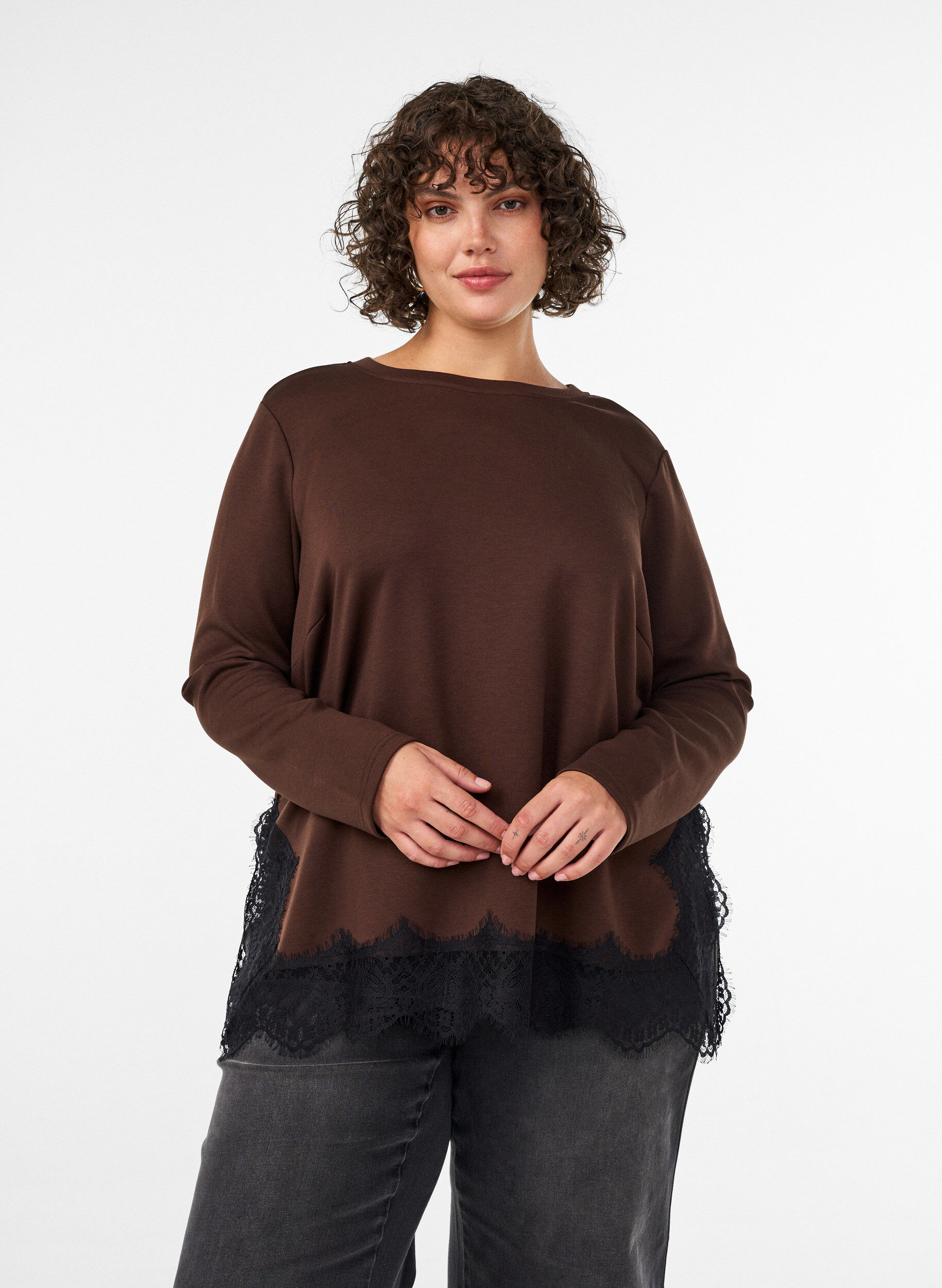 ZizziBlus i jersey med spetskant, Brun, Model image number 0