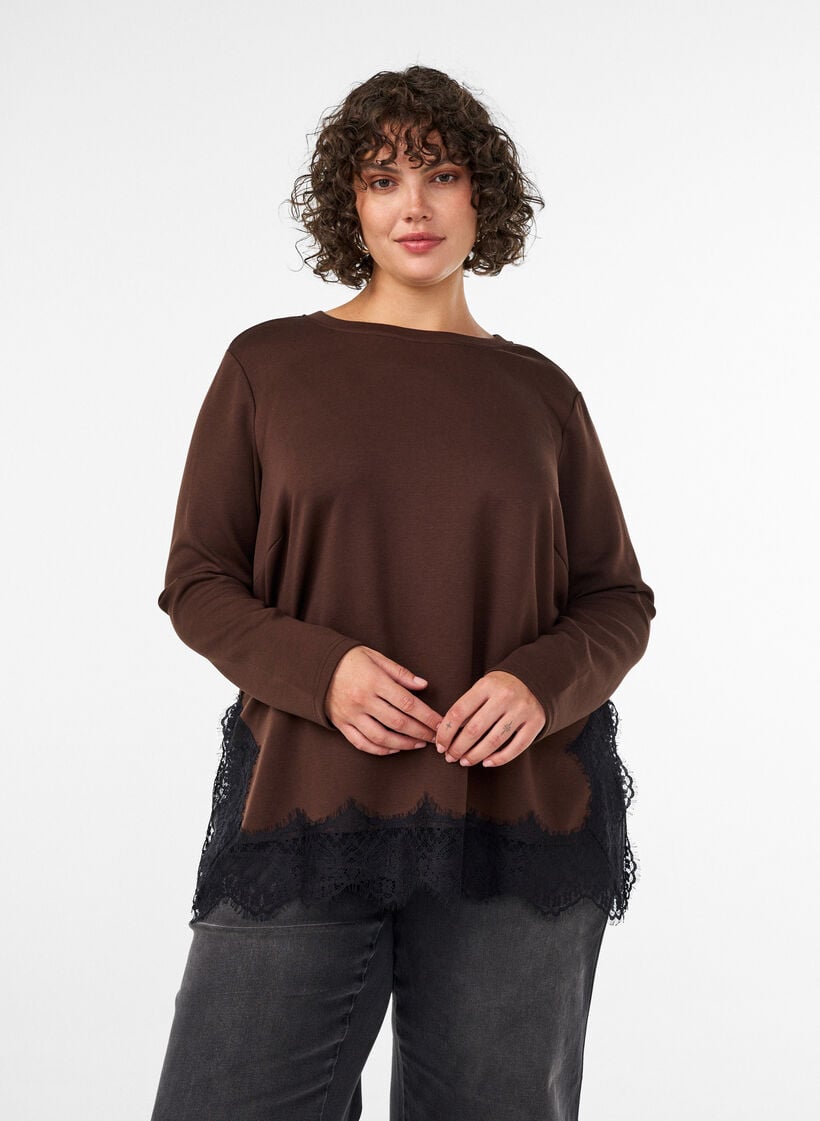 Blus i jersey med spetskant, Brun, Model image number 0