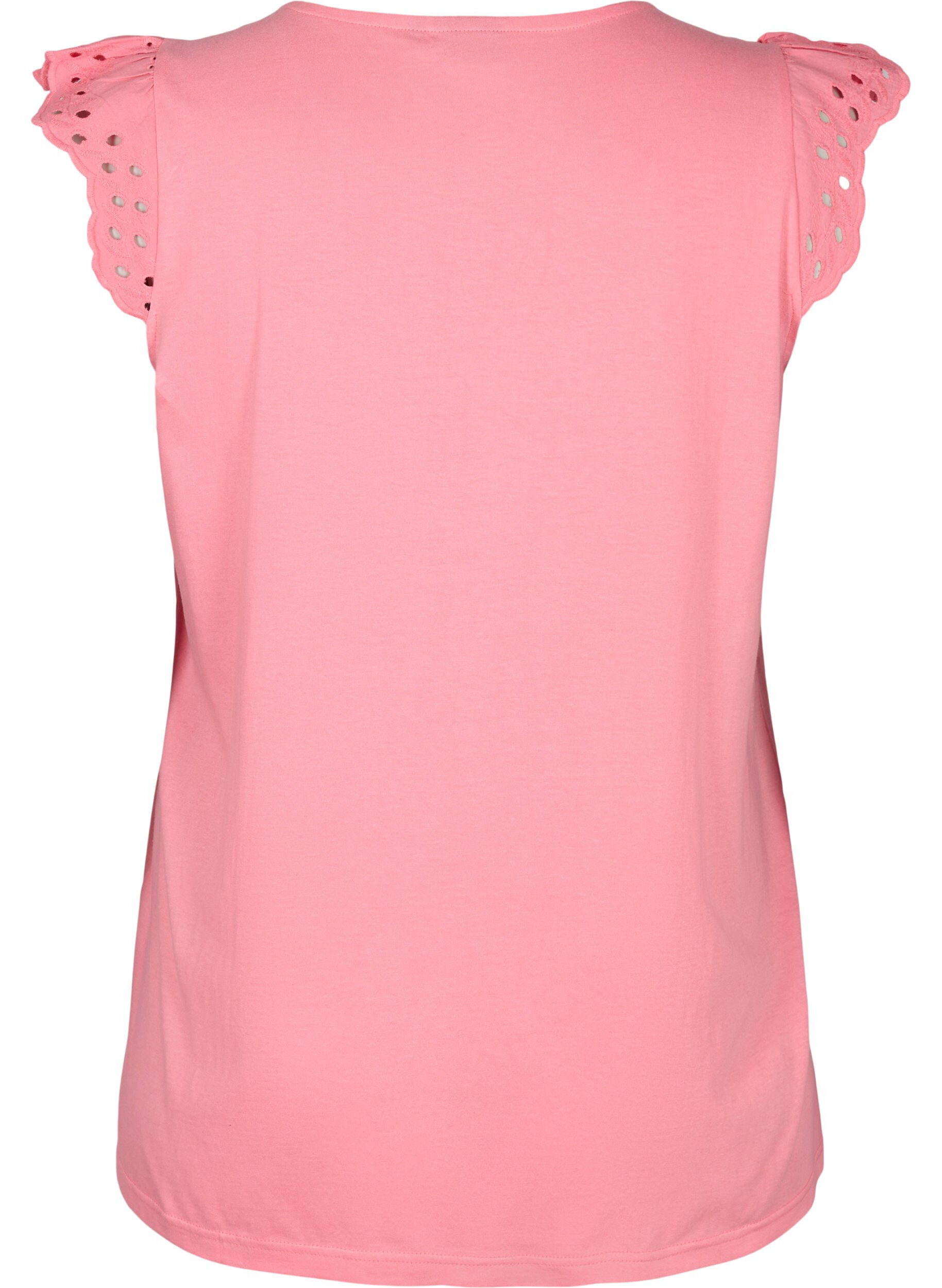 Zizzi T-shirt i ekologisk bomull med anglaise-broderi, Strawberry Pink , Packshot image number 1