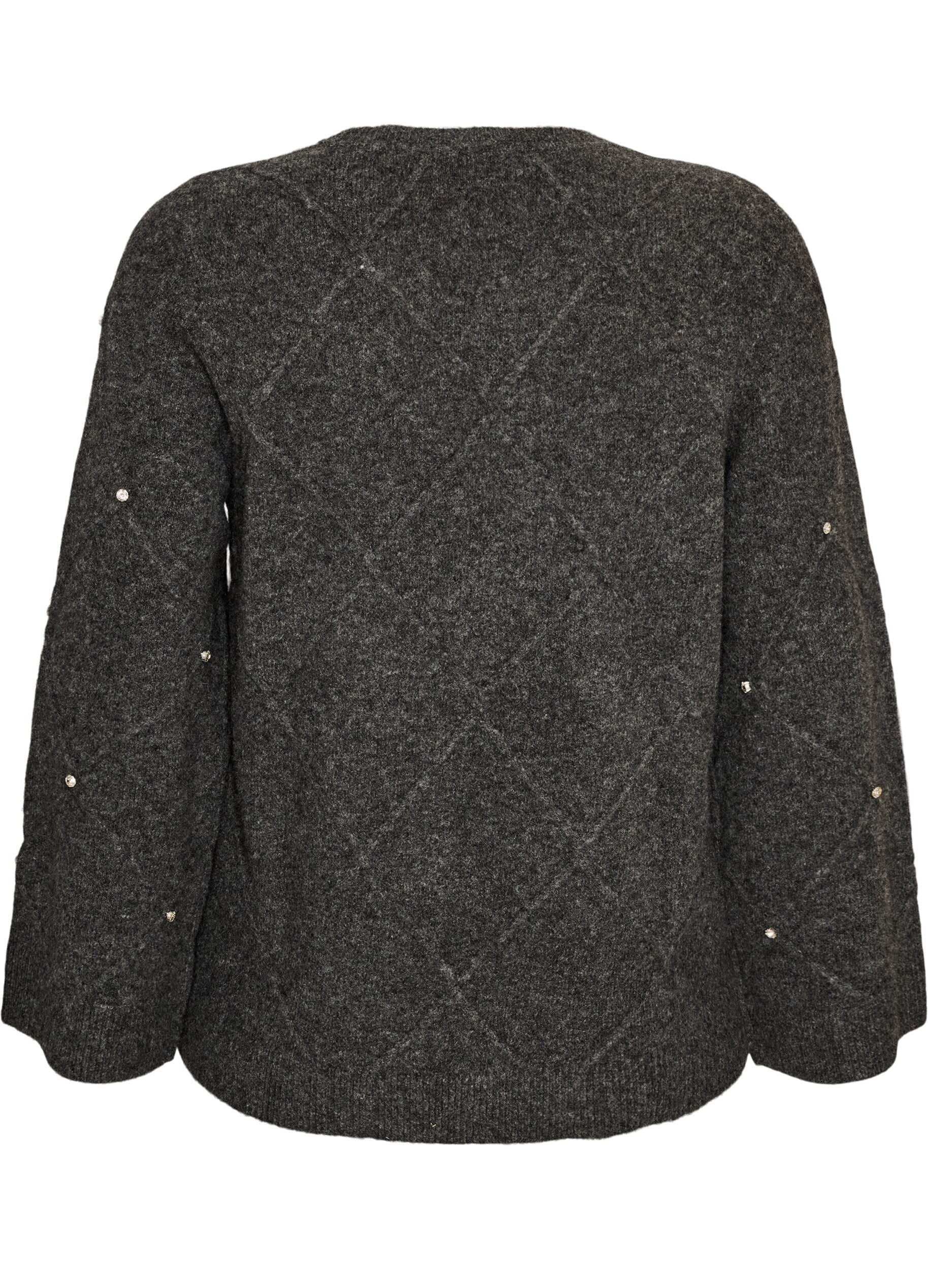 ZizziBlus i stickat med strass och diamantm&ouml;nster, Gr&aring;, Packshot image number 1