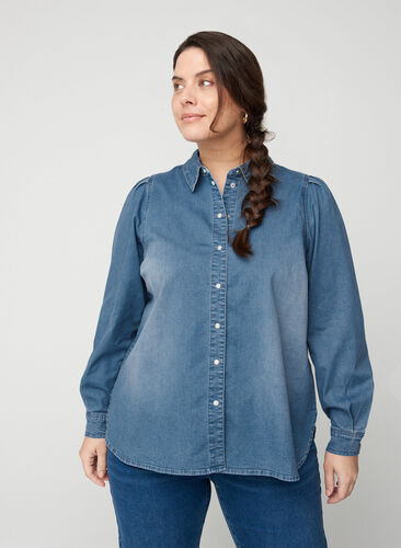Denimskjorta med puffärmar, Blue denim, Model image number 0