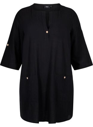 3/4-ärmad tunika i bomullsblandning med linne, Black, Packshot image number 0