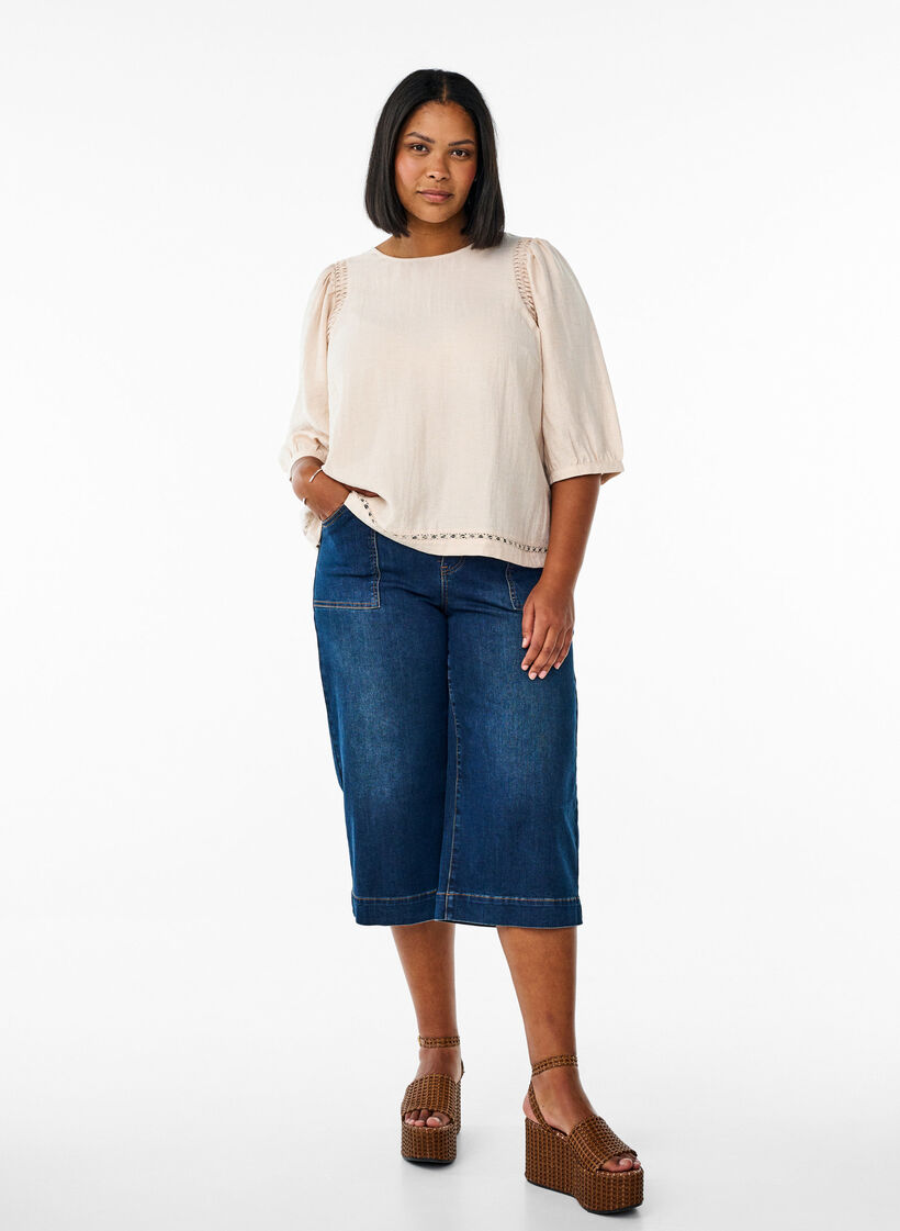 Blus i viskosblandning med linne och rynkade axlar, Orange, Model image number 1