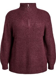 Stickad tr&ouml;ja med h&ouml;g hals och dragkedja, R&ouml;d