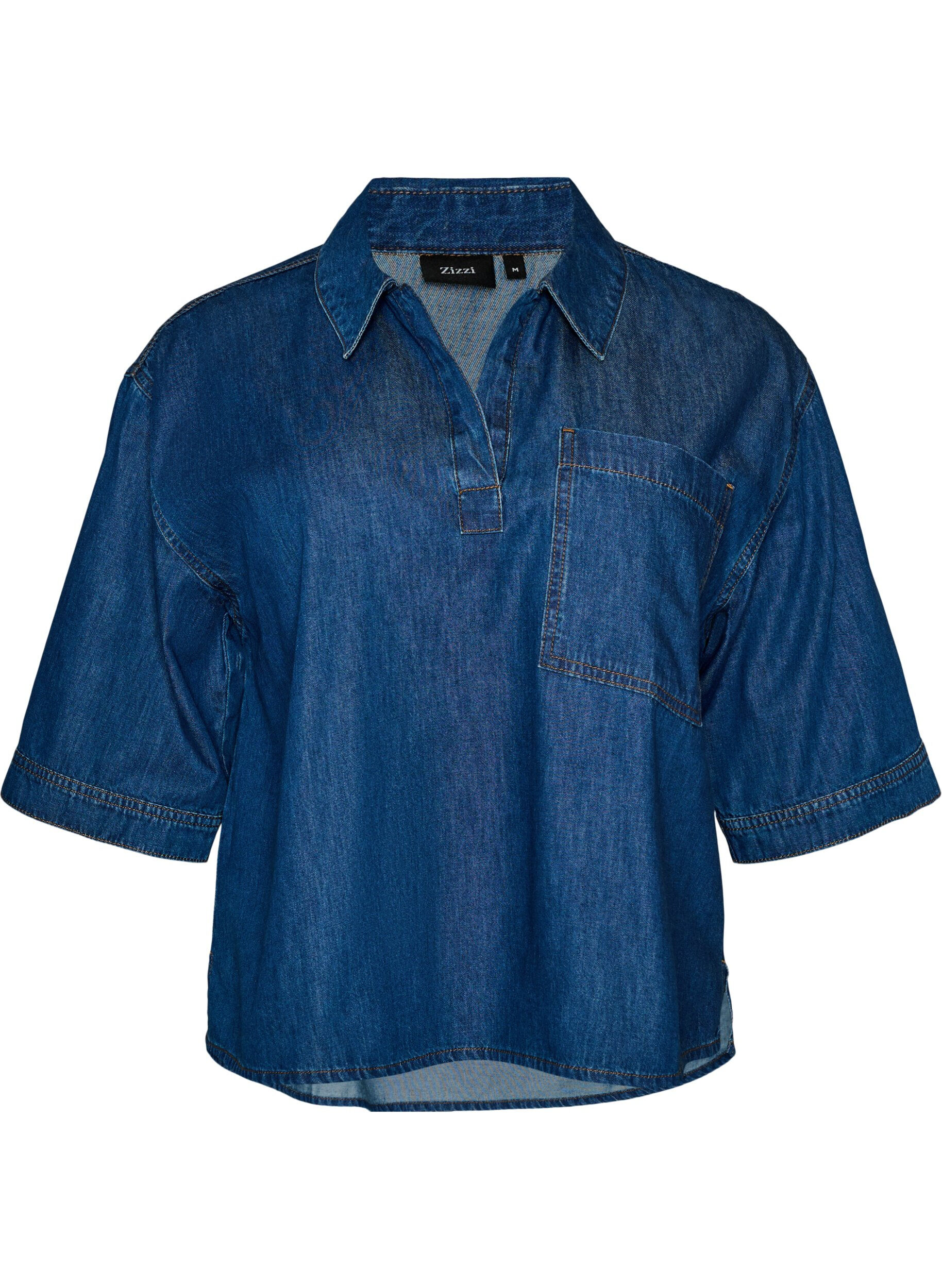 ZizziDenimblus med en br&ouml;stficka och armb&aring;gsl&aring;nga &auml;rmar, Bl&aring;, Packshot image number 0