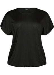 Blus i jersey med texturerade r&auml;nder och smock i nederkanten, Svart