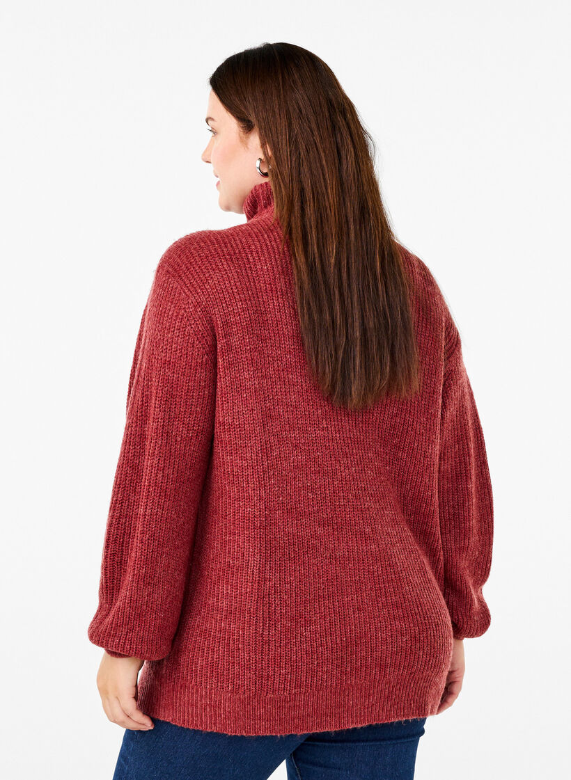 Stickad tr&ouml;ja med h&ouml;g hals och dragkedja, R&ouml;d, Model image number 2
