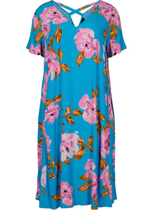 Midiklänning i viskos med blommigt mönster, Blue Pink Flower, Packshot image number 0
