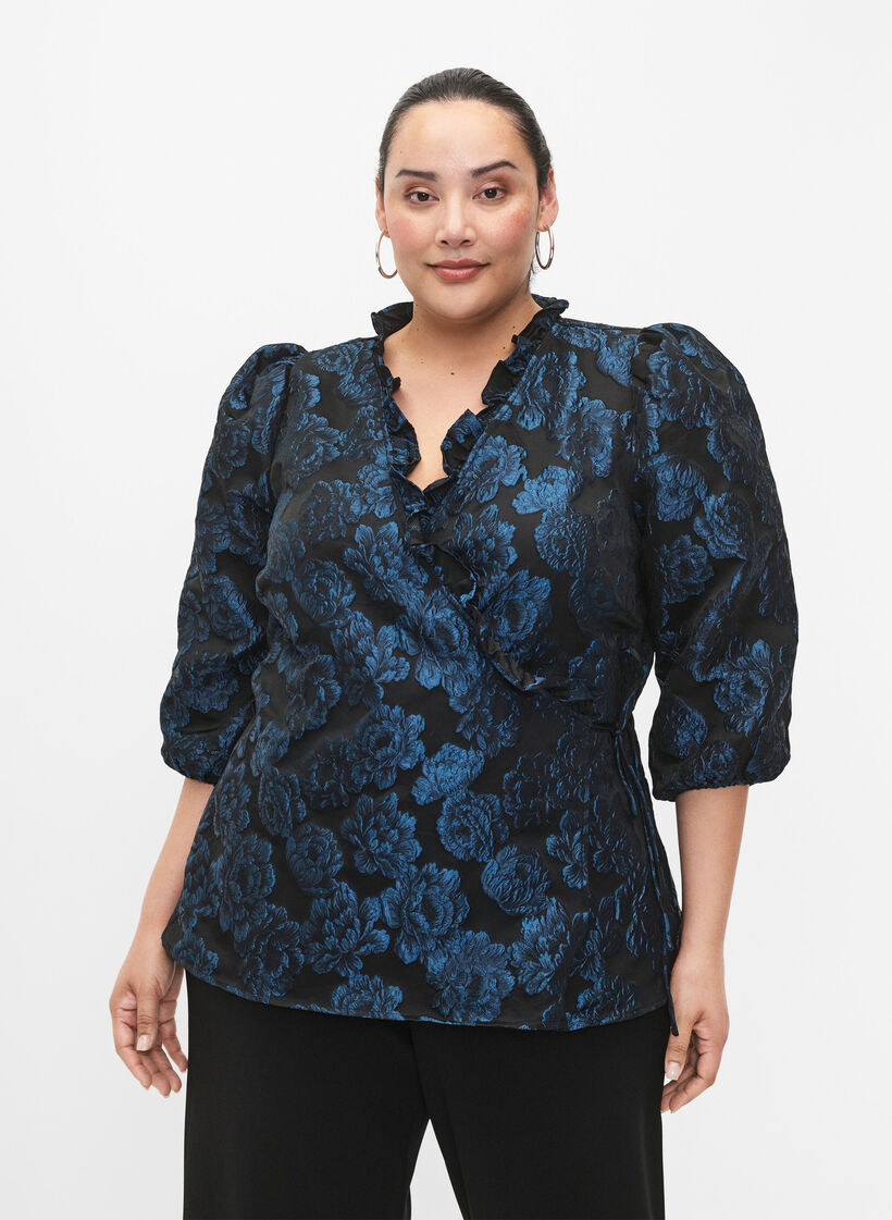 Omlottblus i jacquard med 3/4-ärmar, Black Blue, Model image number 0