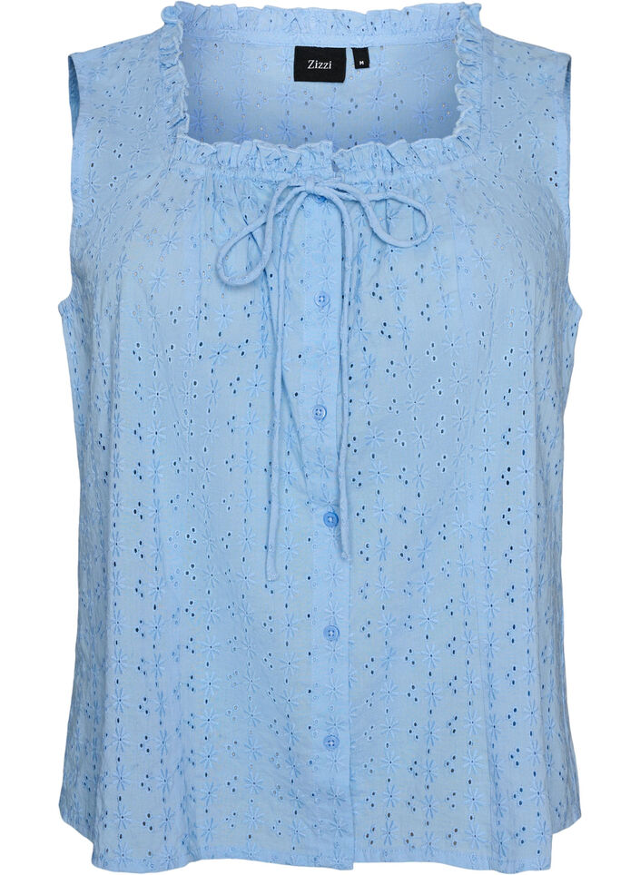 &Auml;rml&ouml;s blus med broderie anglaise och volanger, Bl&aring;, Packshot image number 0