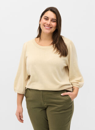 Stickat tröja med 3/4-ärmar, Birch, Model image number 0
