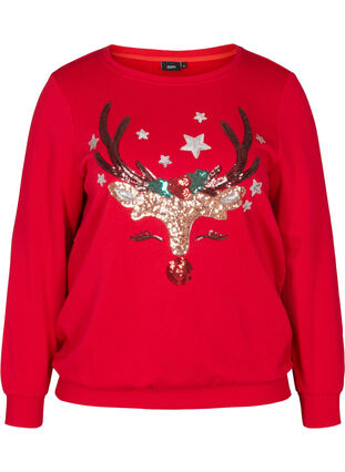 Sweatshirt med julmotiv och paljetter, Tango Red, Packshot image number 0