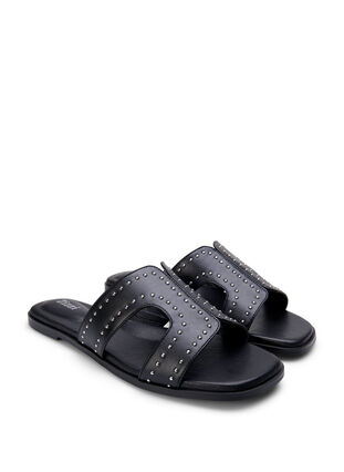 Platta slip on-sandaler med bred passform och nitar, Black, Packshot image number 1