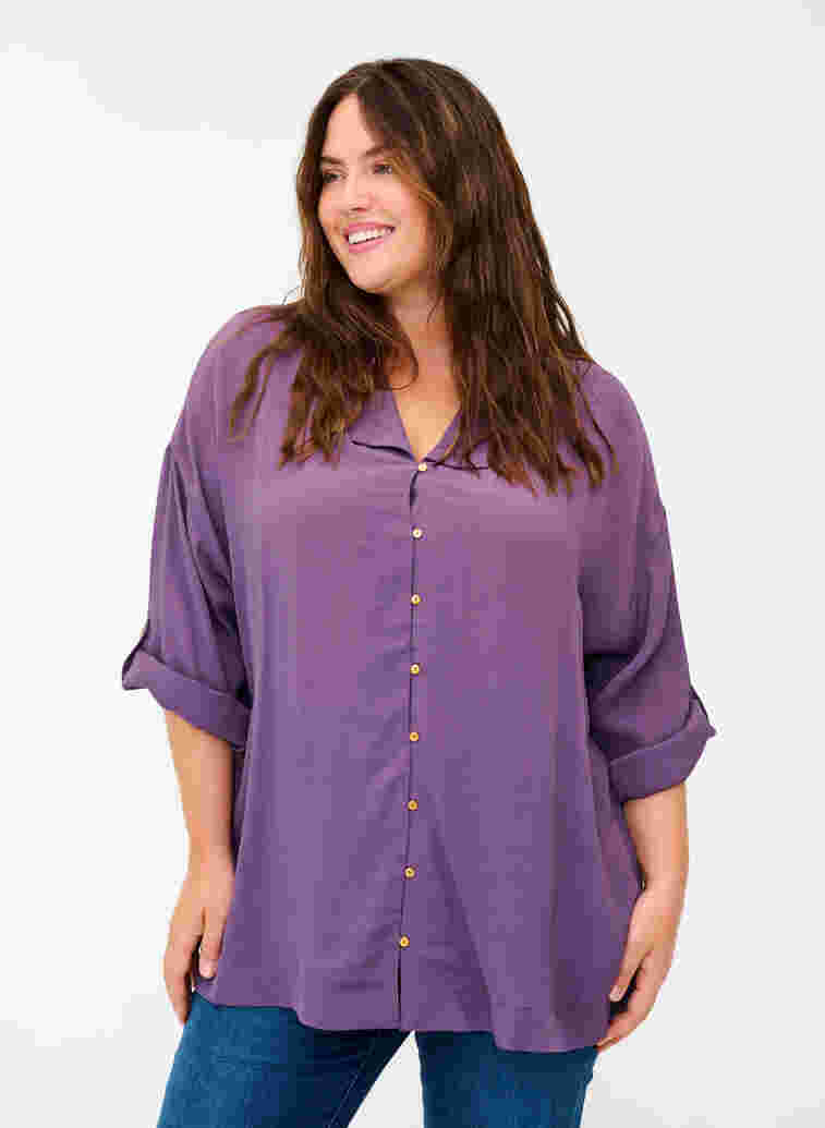 Viskosskjorta med 3/4 ärmar, Vintage Violet, Model image number 0