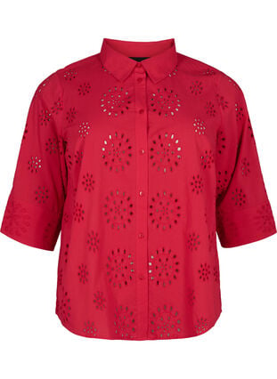 Skjortblus med anglaise-broderier och trekvartsärmar, Tango Red, Packshot image number 0
