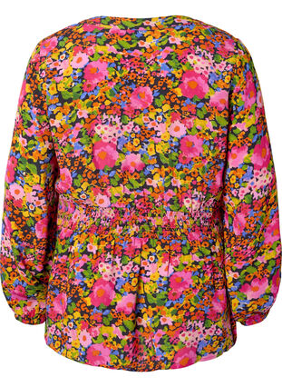 Viskosblus med blommigt mönster och smock, Neon Flower Print, Packshot image number 1