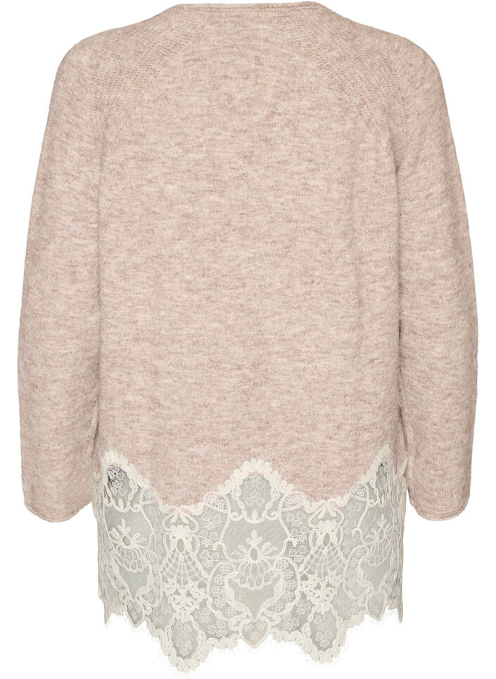 Stickad blus med raglan&auml;rmar och bred spetskant, Beige, Packshot image number 1