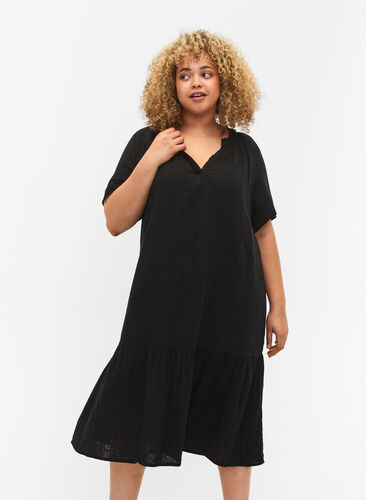Midiklänning med korta ärmar i bomull, Black, Model image number 0
