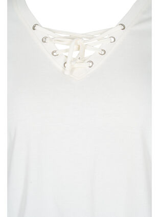 T-shirt i ekologisk bomull och v-ringning med snörning, Warm Off-white, Packshot image number 2