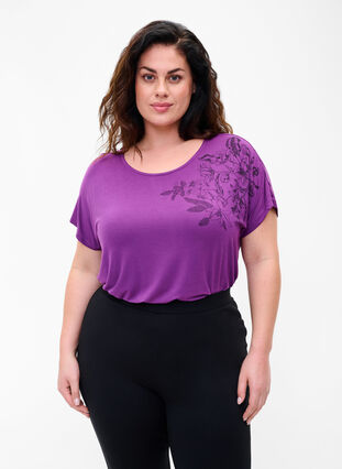 Kortärmad t-shirt i viskos med blommönster , Grape Juice Flower, Model image number 0