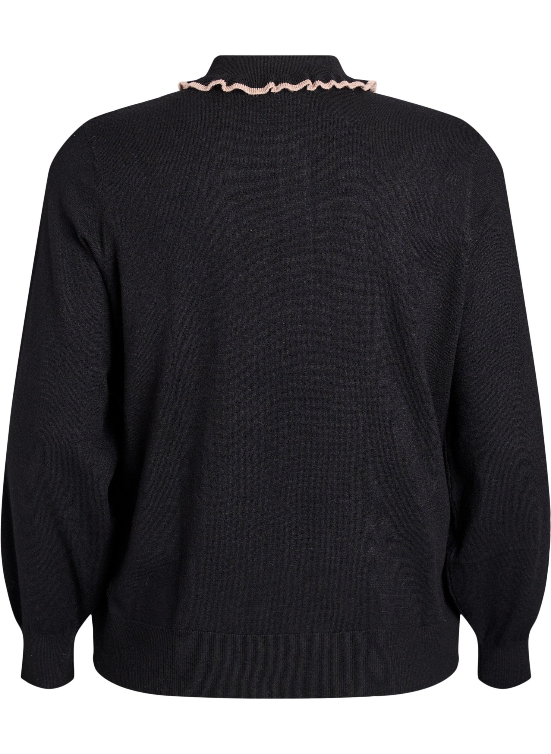 Zizzi Stickad blus med volangprydd polokrage, Svart, Packshot image number 1