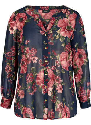 Skjorta med v-ringning och blommigt mönster, Blue Flower AOP, Packshot image number 0