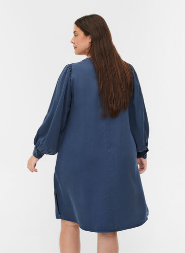 Klänning med långa puffärmar, Dark blue denim, Model image number 1