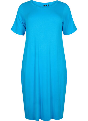 Midiklänning i ribbat viskostyg med korta ärmar, Ibiza Blue, Packshot image number 0