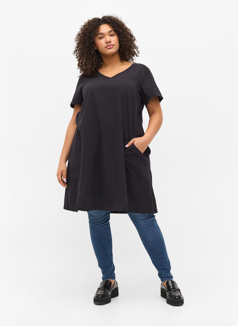 Kort&auml;rmad kl&auml;nning i bomull, Svart, Model image number 1