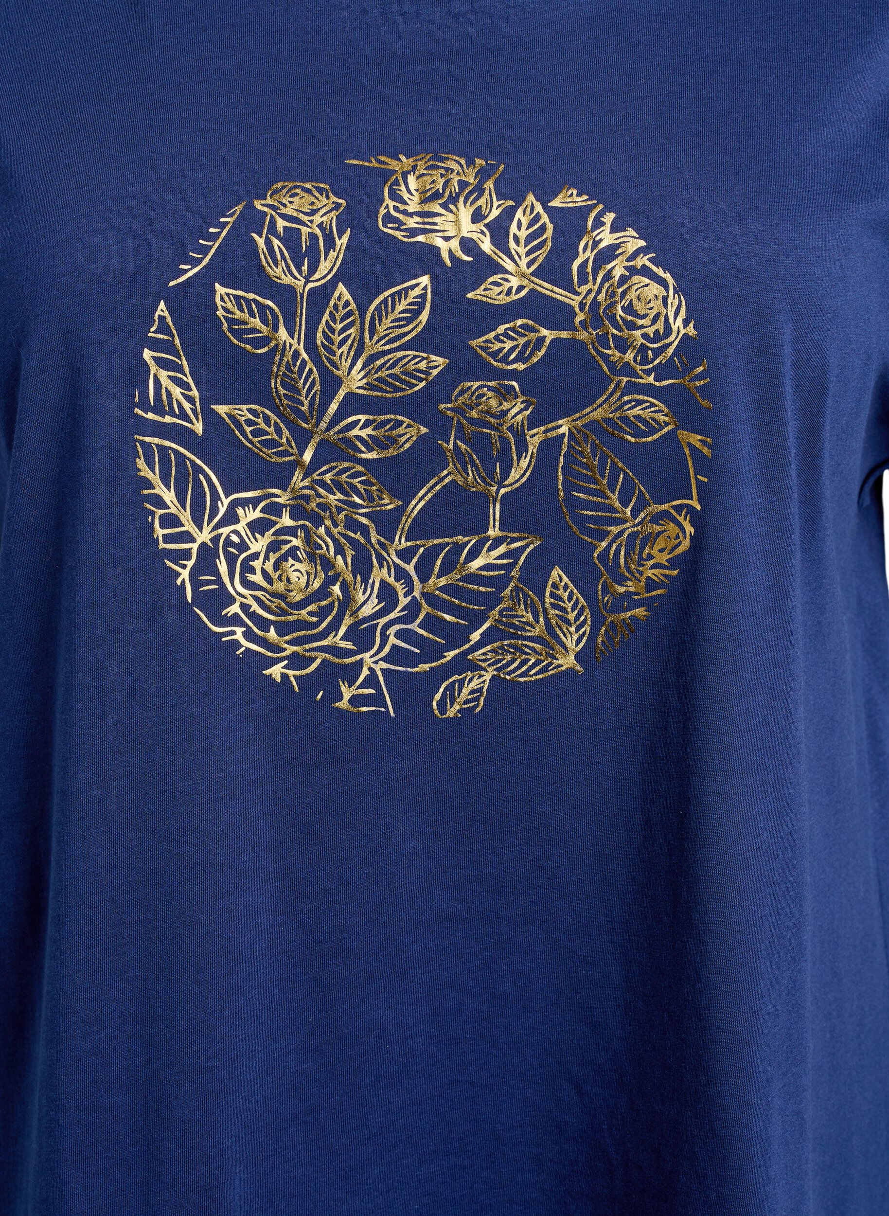 Zizzi T-shirt med guldglittrigt blomm&ouml;nster, Naval A. Gold Rose, Packshot image number 2
