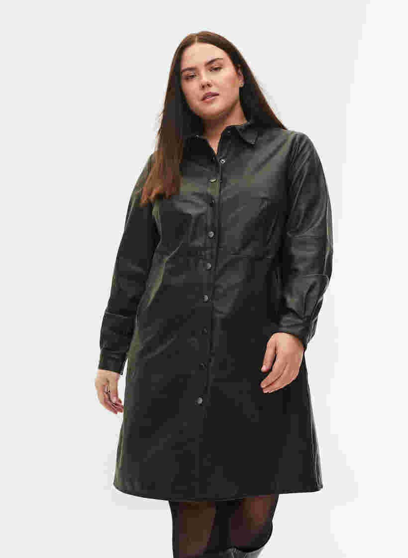 Läderklänning med långa ärmar och knäppning, Black, Model image number 2