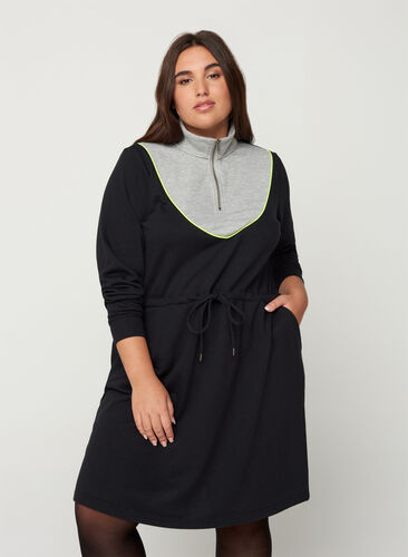 Sweatklänning med fickor och justerbar midja, Black comb, Model image number 0
