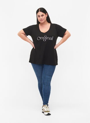 V-ringad t-shirt i bomull med texttryck, Black ORI, Model image number 2