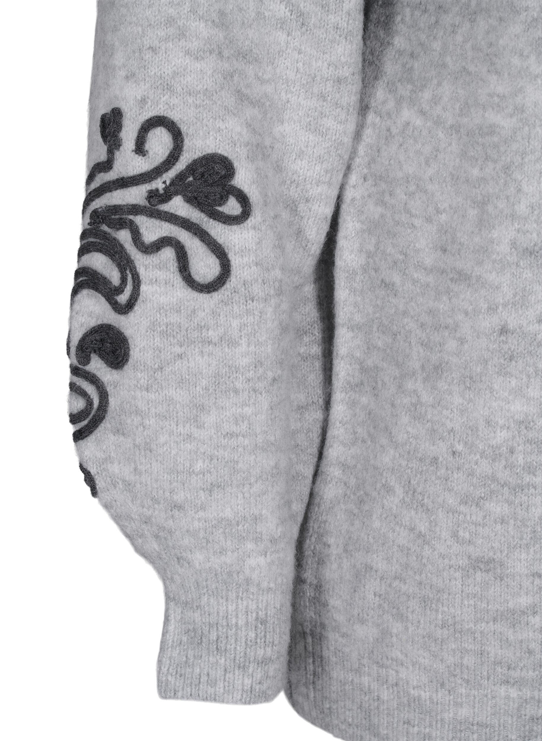 Zizzi Stickad blus med dekorativt m&ouml;nster, Light Grey Melange, Packshot image number 3